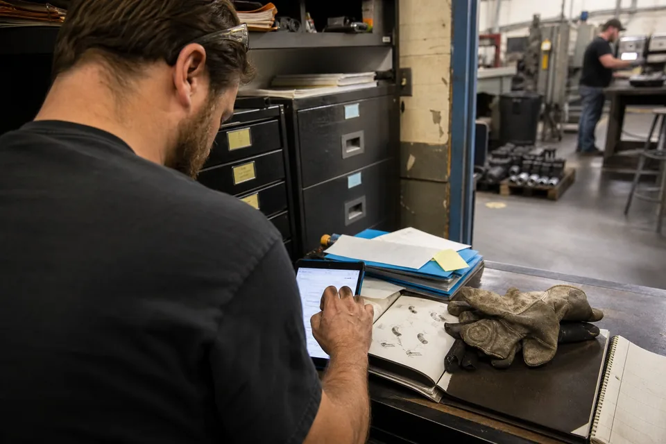 A small machine shop owner signing an NDA on a tablet in his back office