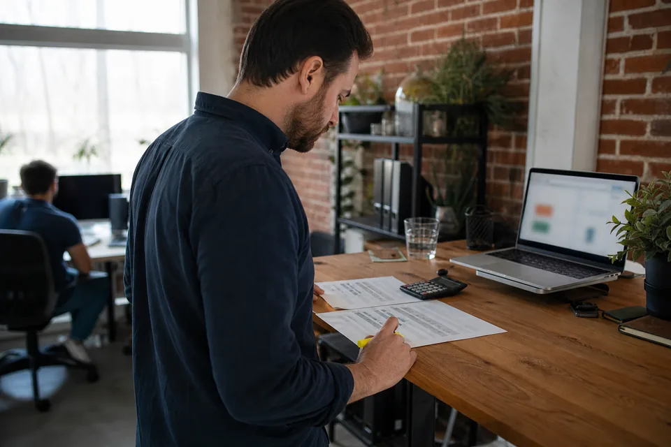 An operations lead comparing two printed software quotes with a highlighter at a standing desk