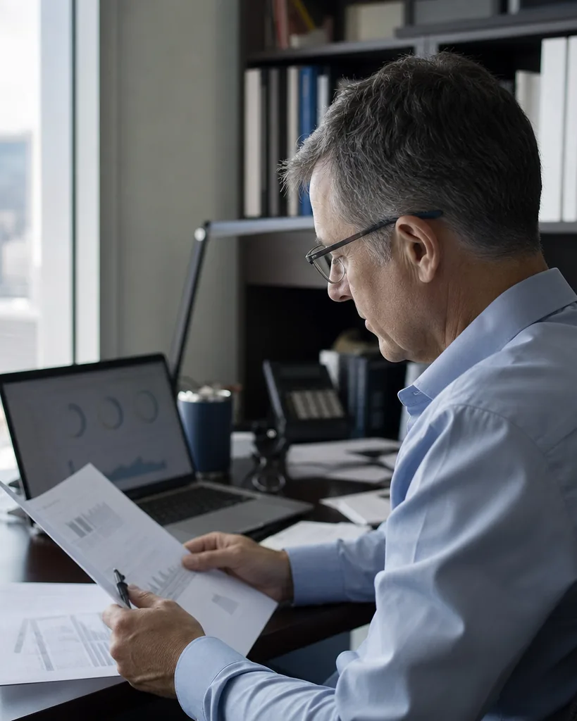 A chief operating officer reviewing a monthly report at his desk