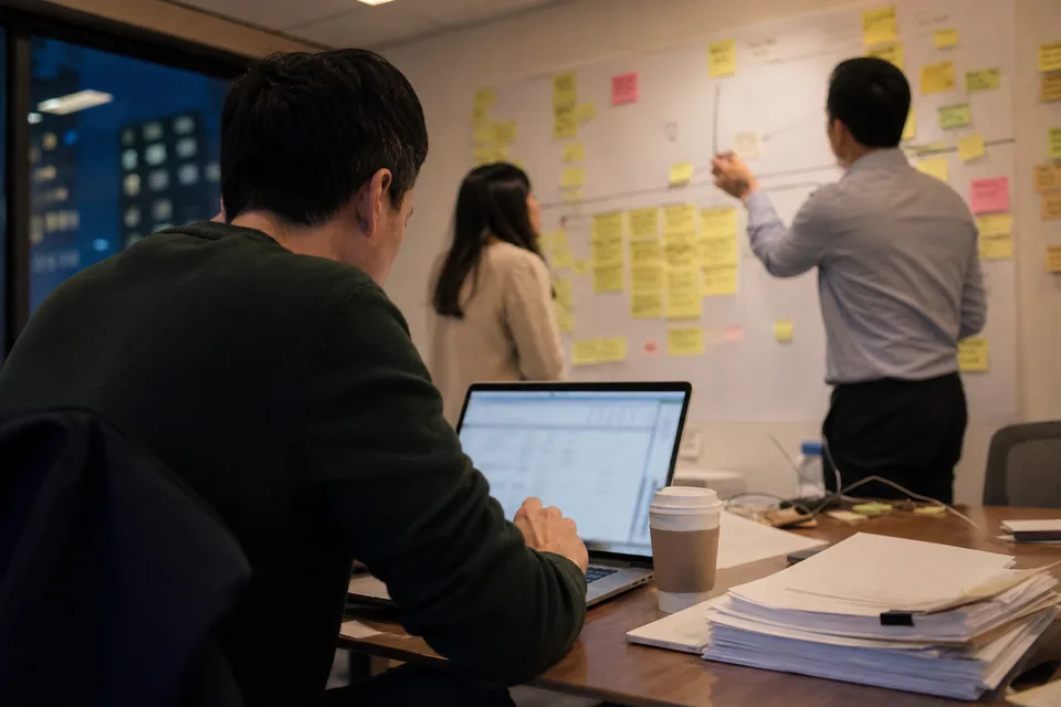 A consultant in a client project room with sticky notes, a laptop and printed client documents